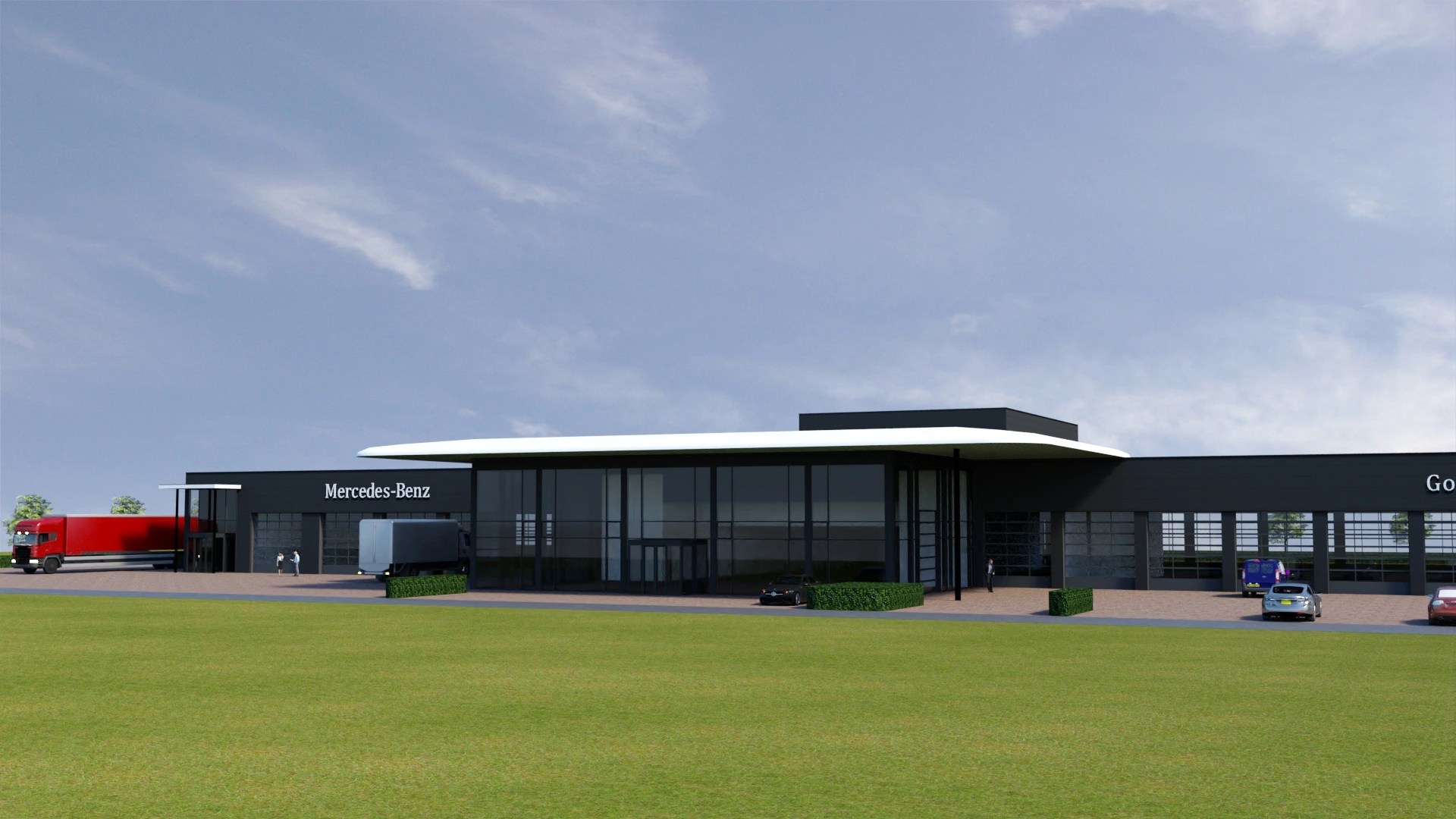 Impressie nieuwe pand Gomes Greenpark Aalsmeer voor personenwagens, bedrijfswagens en trucks