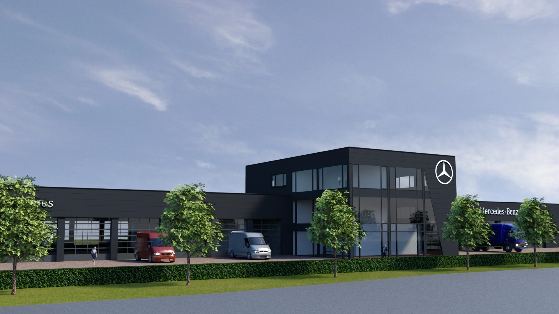 Impressie nieuwe pand Gomes Greenpark Aalsmeer voor personenwagens, bedrijfswagens en trucks