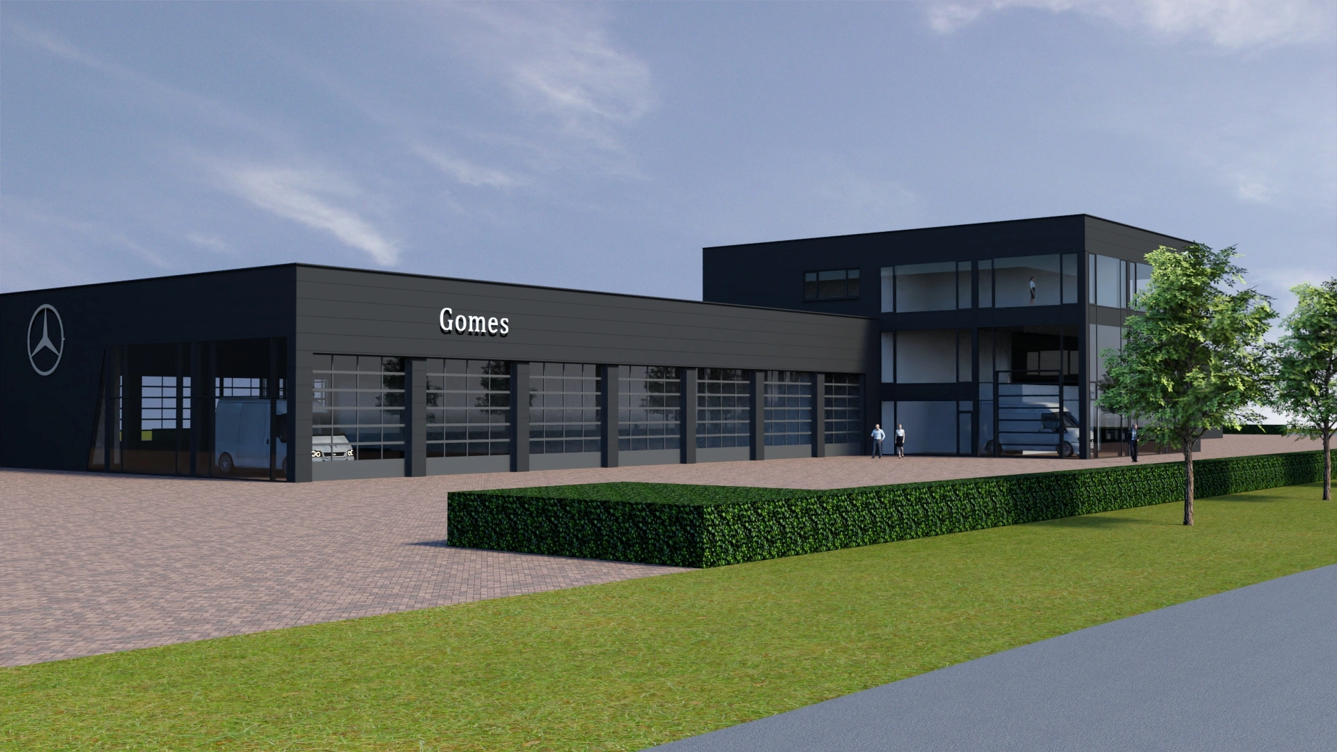 Impressie nieuwe pand Gomes Greenpark Aalsmeer voor personenwagens, bedrijfswagens en trucks