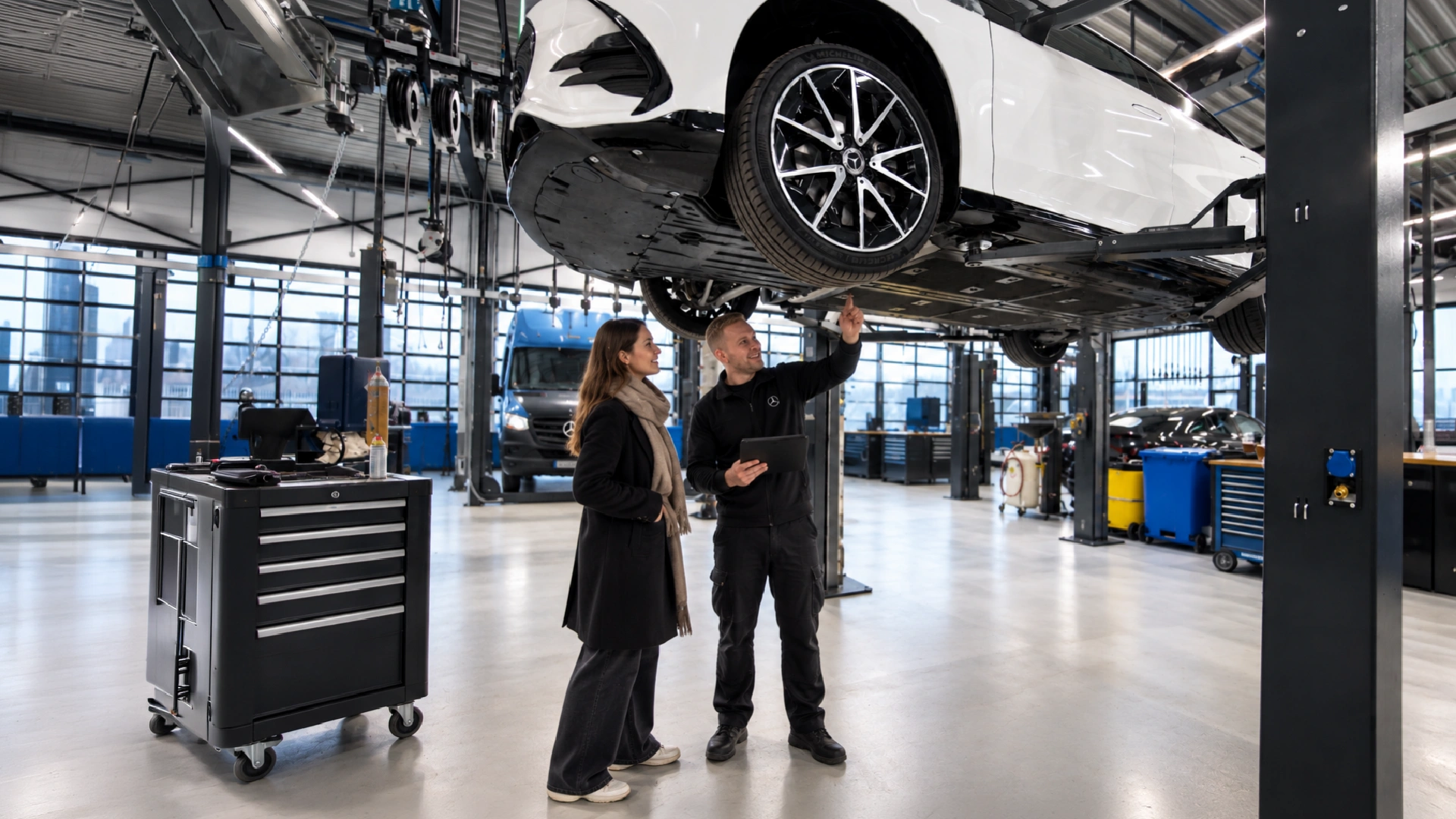 Monteur samen met klant onder een auto