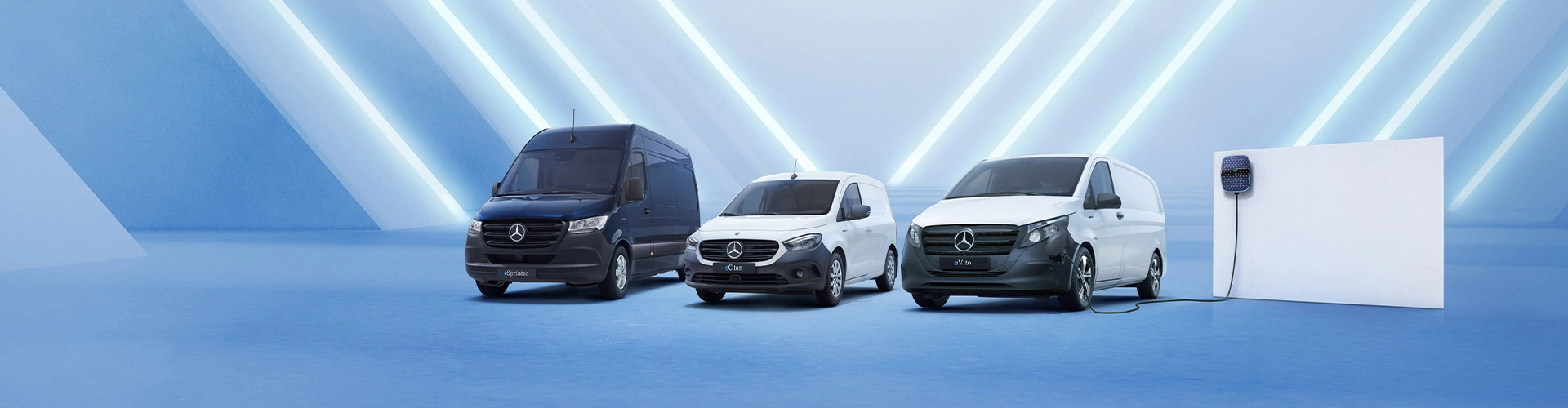 Foto van de Mercedes-Benz Sprinter, Citan en Vito. Alledrie volledig elektrisch.