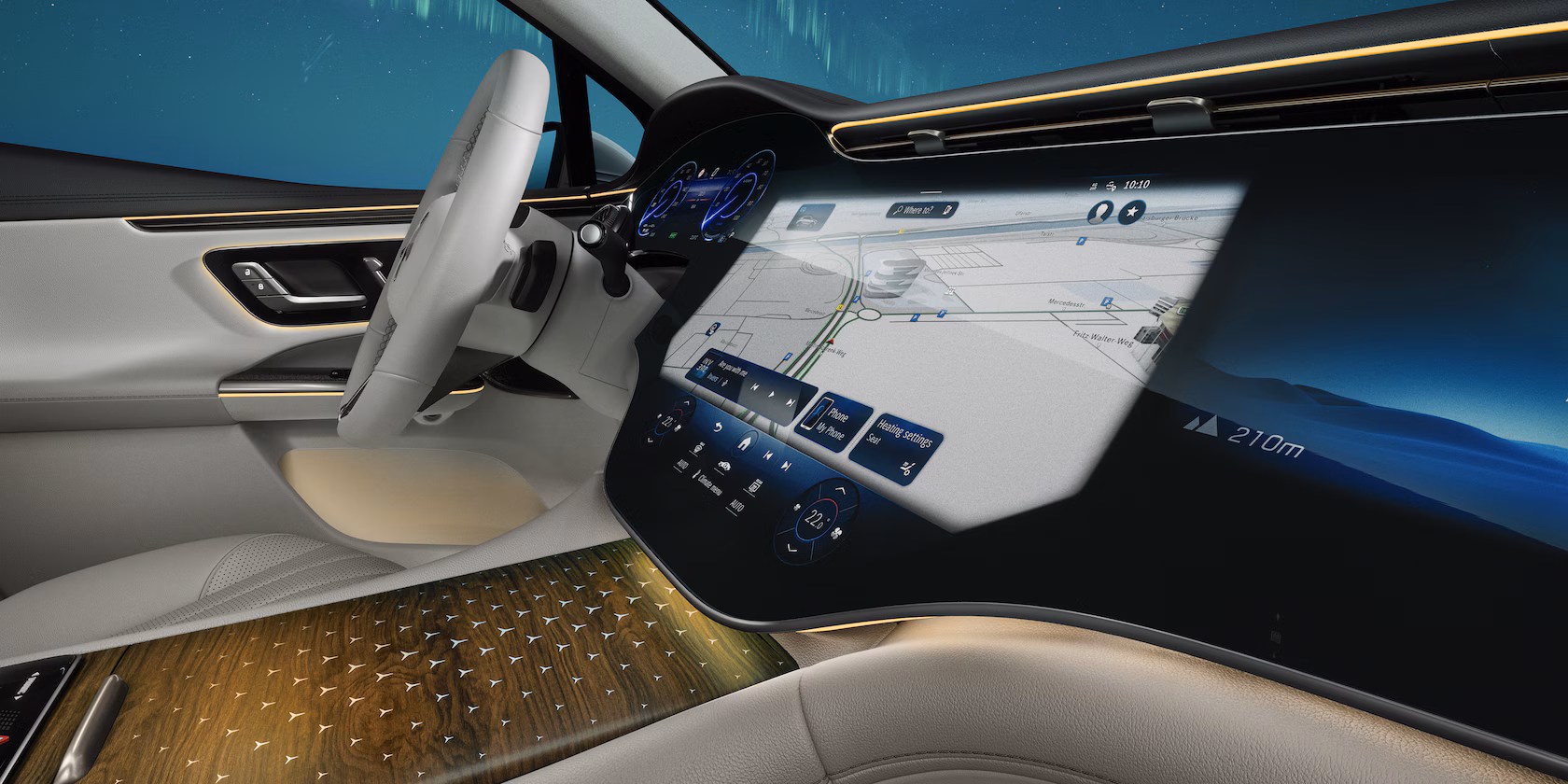Detailfoto van het hyperscreen display in de Mercedes-Benz EQE SUV